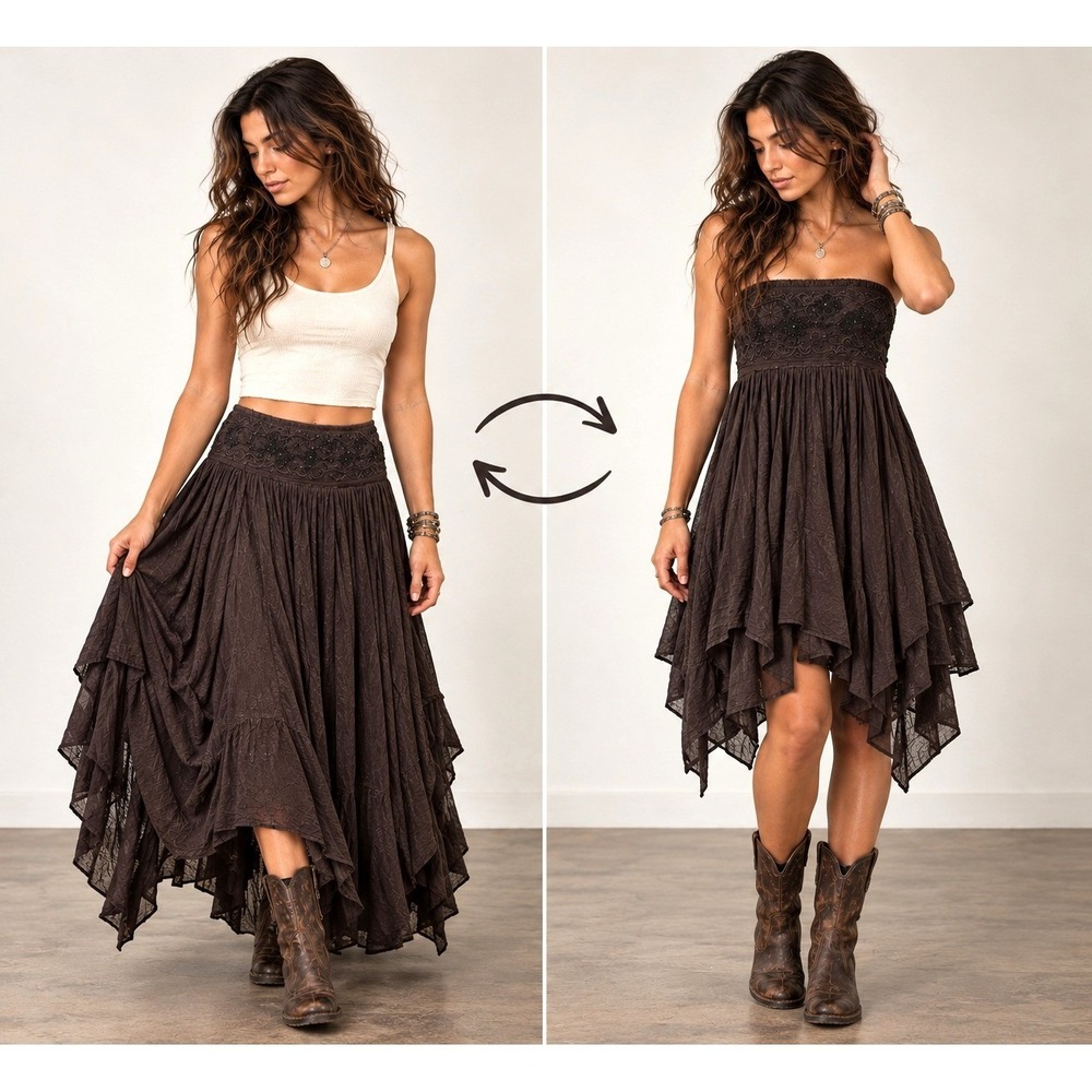 Free People XS Black Noir Embroidered High Low Boho Convertible Maxi Skirt NWT